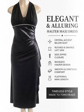 Black Halter Backless Maxi Dress Crystal Accent Ruched Evening Gown Fits S